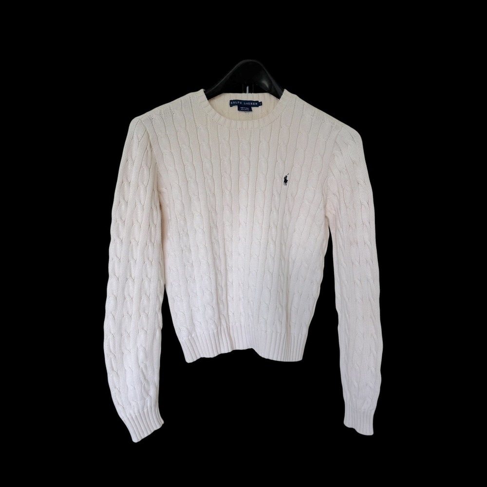 Y2K Ralph Lauren Cream‎ Cable Knit Cotton Crewneck Sweater Sz L Pony Logo